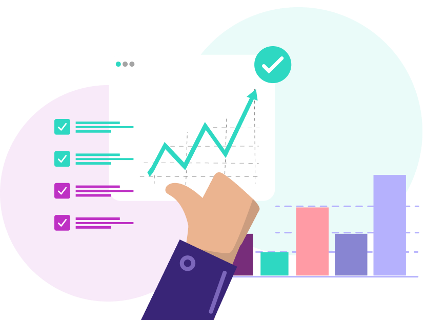 Lists and charts, with an approving thumb raised.